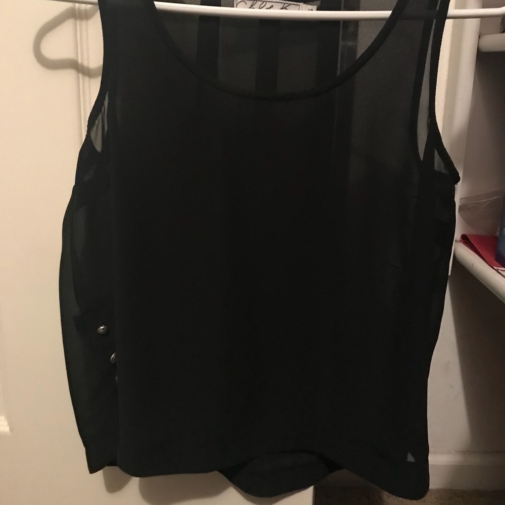 Sheer black tank with buttons and pleated back